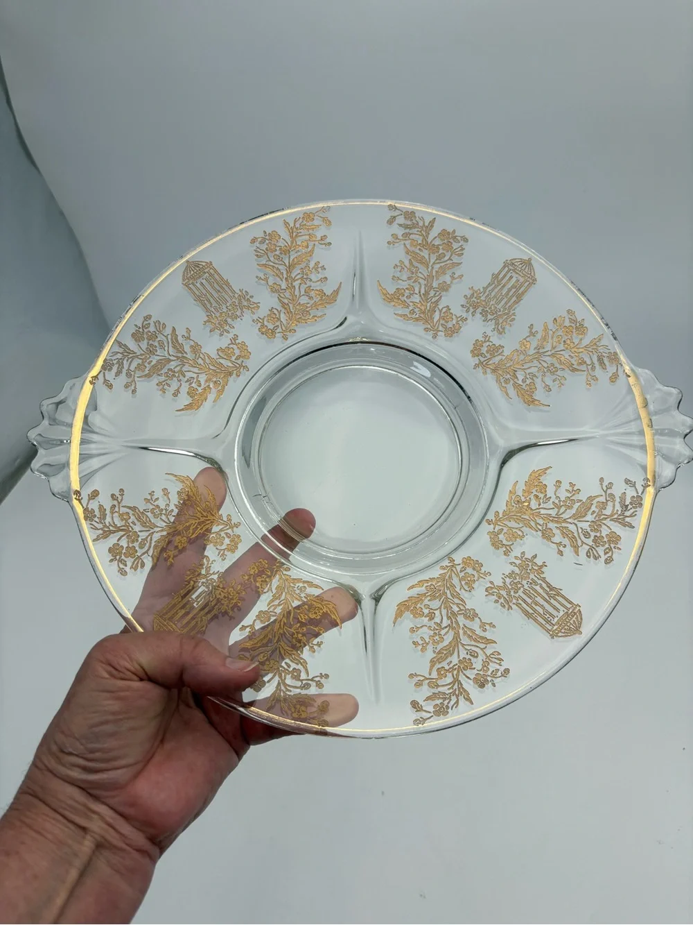 Vintage 1930s Paden Glass Serving Platter with Golden Gilt Decorations